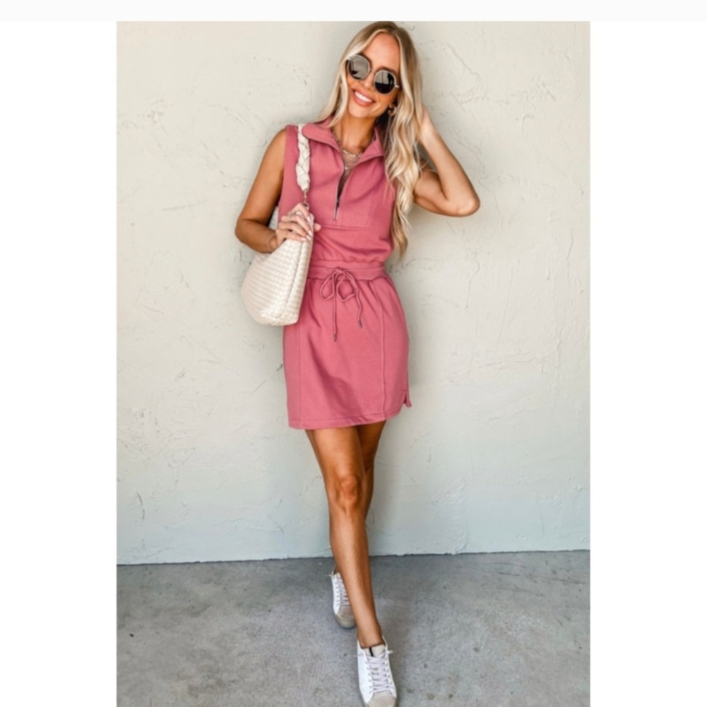Casual Pink Zipped Polo Collar Drawstring Mini Dress S-M-L - Picture 10 of 10